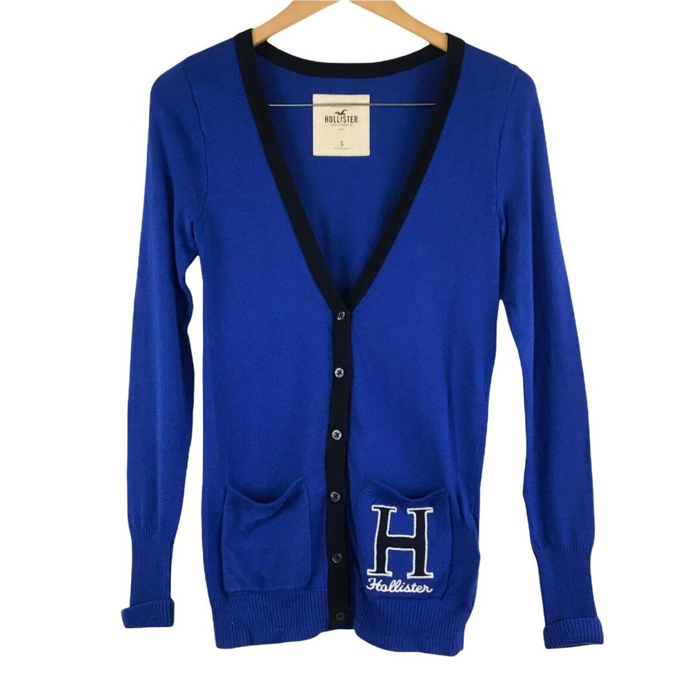 New Hollister Sweater Small S Blue Black School Girl Big H Cardigan Preppy Logo